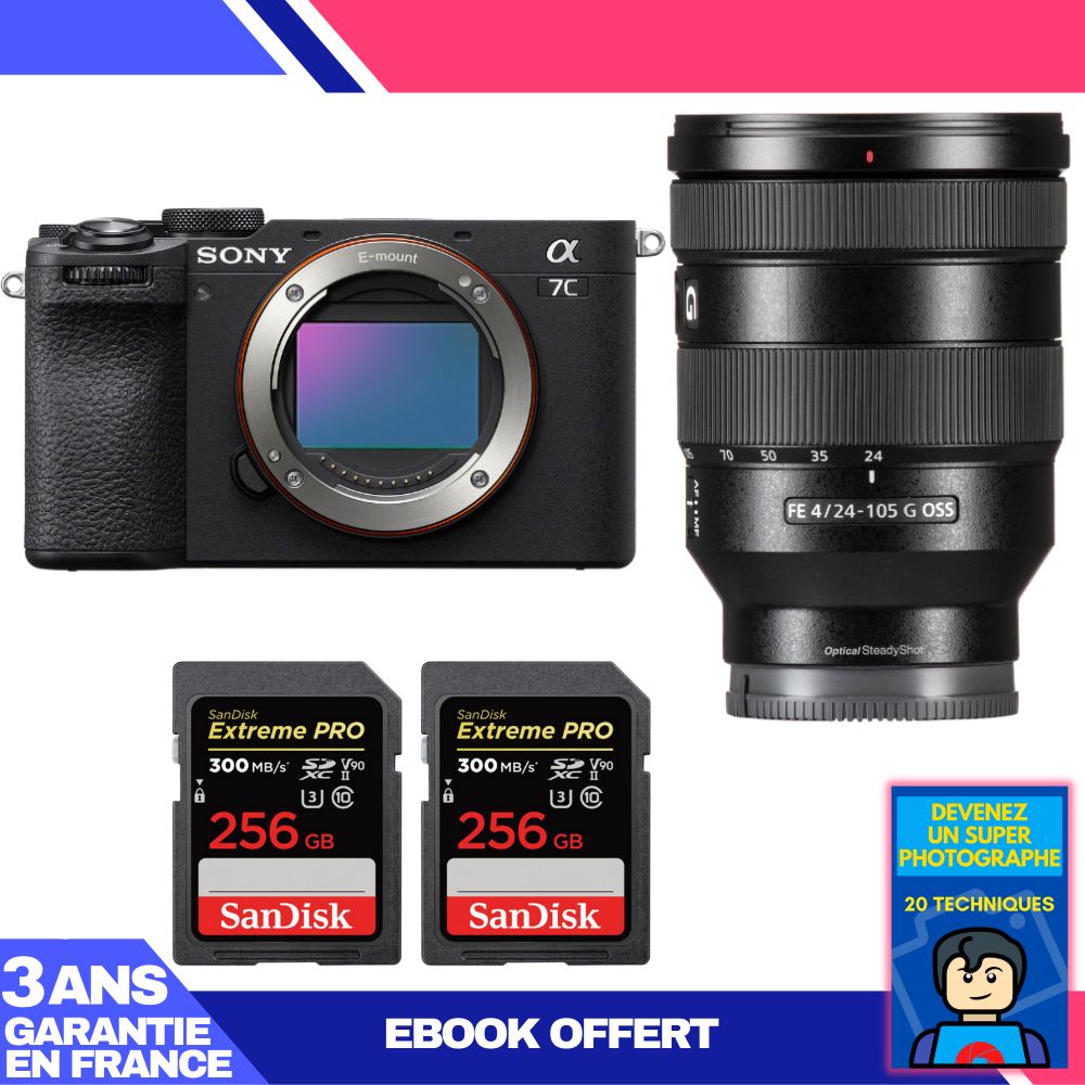Sony A7C II Black Body + FE 24-105mm f/4 G OSS Lens + 2 SanDisk 256GB Extreme PRO UHS-II SDXC Cards + 'Become a Master Photographer' Ebook
