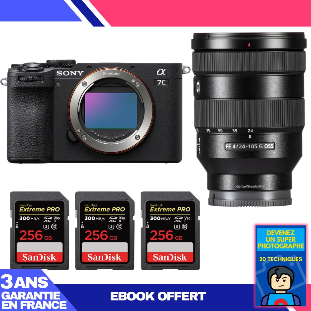 Sony A7C II Black Kit with FE 24-105mm f/4 G OSS Lens + 3x 256GB SanDisk Extreme PRO UHS-II SDXC Cards