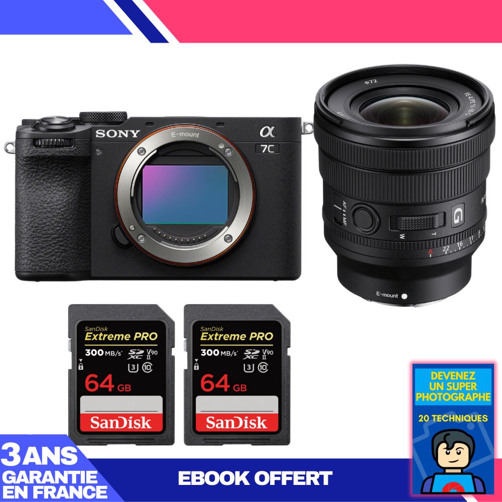 Sony A7C II Black Kit with FE PZ 16-35mm f/4 G Lens + 2x SanDisk 64GB Extreme PRO UHS-II SDXC Cards