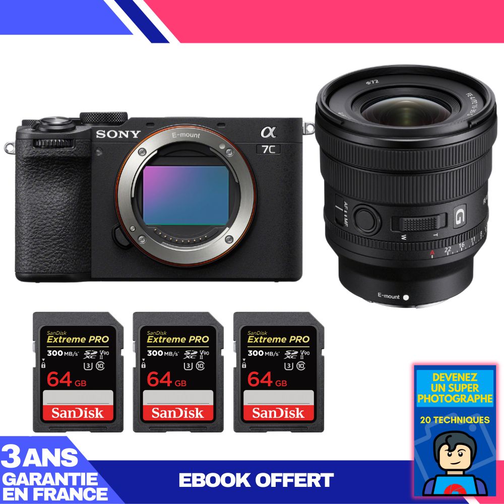 Sony A7C II Black Kit + FE PZ 16-35mm f/4 G Lens + 3 SanDisk 64GB Extreme PRO UHS-II SDXC Cards