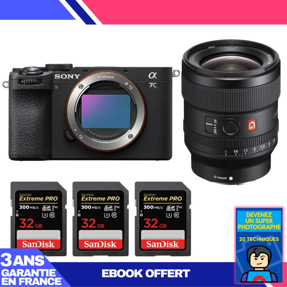 Sony A7C II Black Body + FE 24mm f/1.4 GM Lens + 3 SanDisk 32GB Extreme PRO UHS-II SDXC Cards