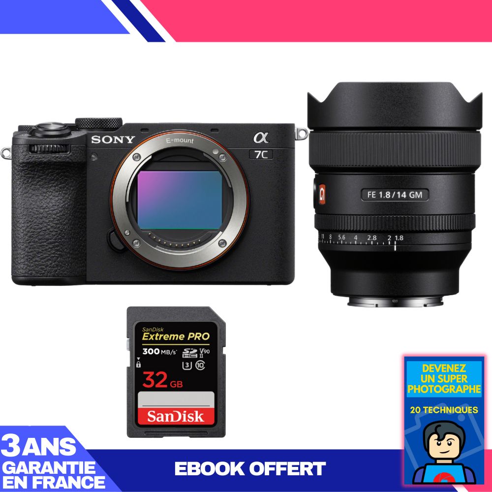 Sony A7C II Black Body + FE 14mm f/1.8 GM Lens + 1 SanDisk 32GB Extreme PRO UHS-II SDXC Card + 'Become a Super Photographer' Ebook