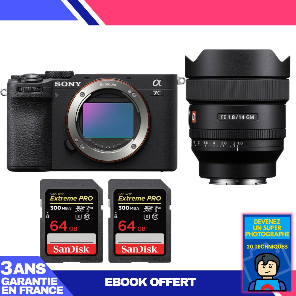 Sony A7C II Black Kit with FE 14mm f/1.8 GM Lens + 2 SanDisk 64GB Extreme PRO UHS-II SDXC Cards