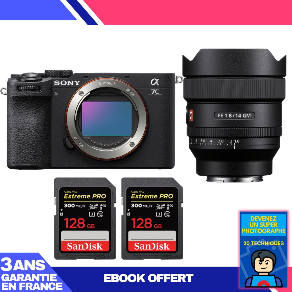 Sony A7C II Black Kit with FE 14mm f/1.8 GM and 2x SanDisk 128GB Extreme PRO UHS-II SDXC Cards + Ebook 'Become a Super Photographer'