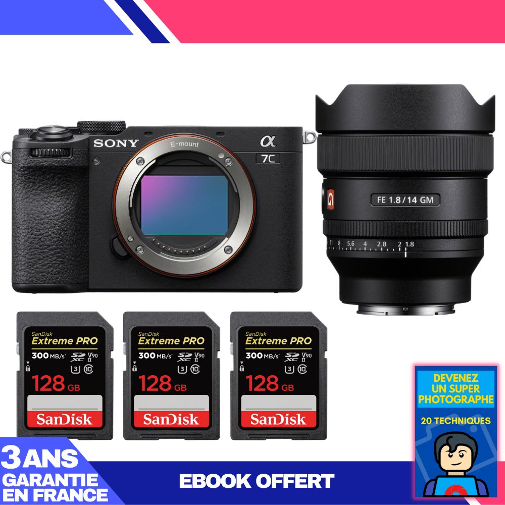 Sony A7C II Black Kit with FE 14mm f/1.8 GM and 3x SanDisk 128GB Extreme PRO UHS-II SDXC Cards