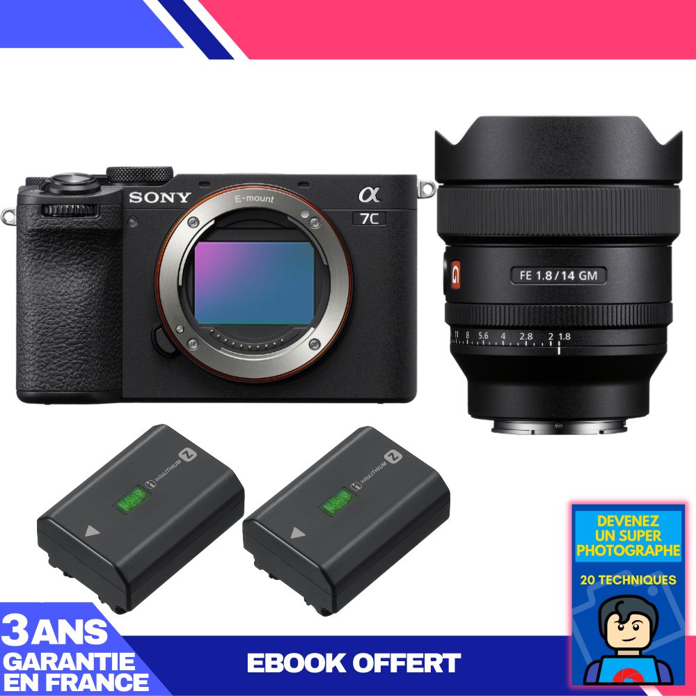 Sony A7C II Black Kit with FE 14mm f/1.8 GM Lens + 2 Sony NP-FZ100 Batteries + 'Become a Super Photographer' Ebook