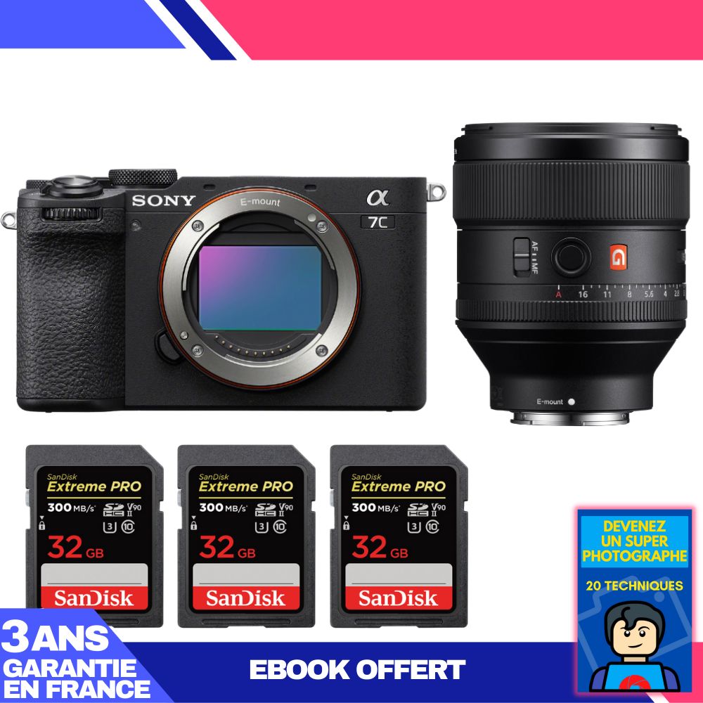 Sony A7C II Black Kit with FE 85mm f/1.4 GM Lens + 3 SanDisk 32GB Extreme PRO UHS-II SDXC Cards
