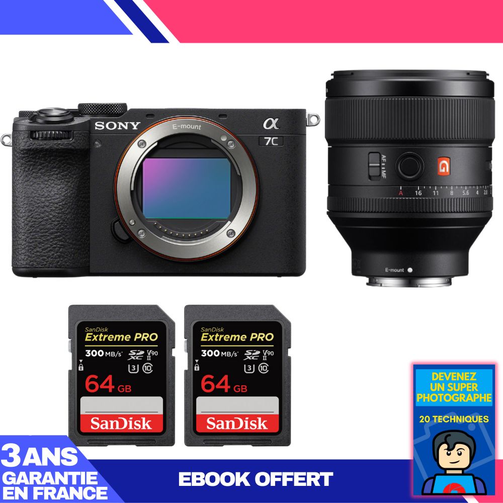 Sony A7C II Black Body + FE 85mm f/1.4 GM Lens + 2 SanDisk 64GB Extreme PRO UHS-II SDXC Cards + 'Become a Super Photographer' Ebook