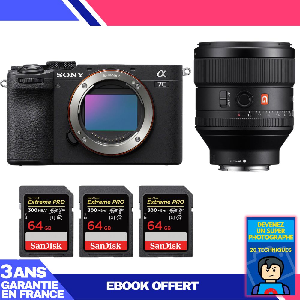 Sony A7C II Black Body + FE 85mm f/1.4 GM Lens + 3 SanDisk 64GB Extreme PRO UHS-II SDXC Cards + 'Become a Super Photographer' Ebook