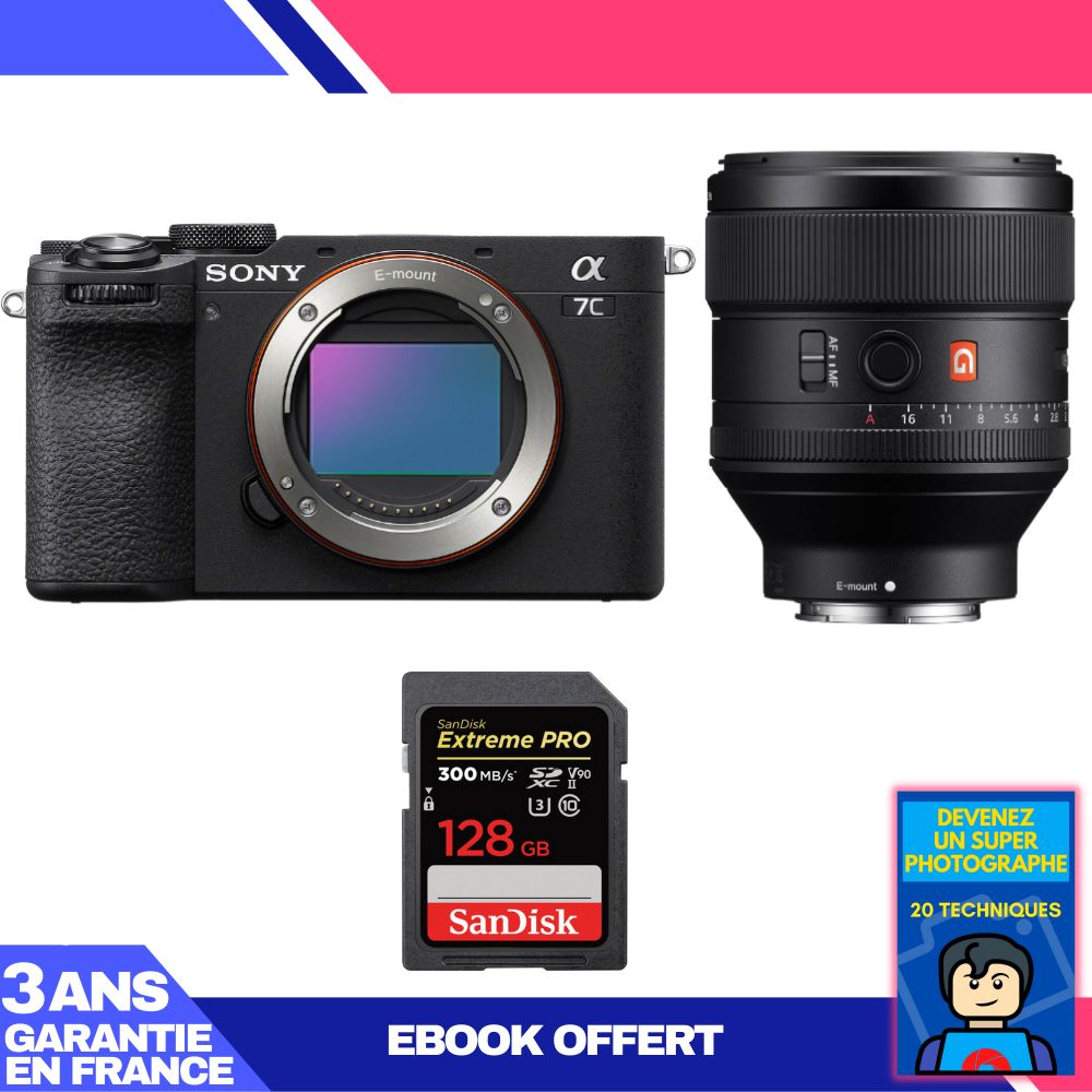 Sony A7C II Black Kit with FE 85mm f/1.4 GM and 1x SanDisk 128GB Extreme PRO UHS-II SDXC Card + Ebook 'Become a Super Photographer'