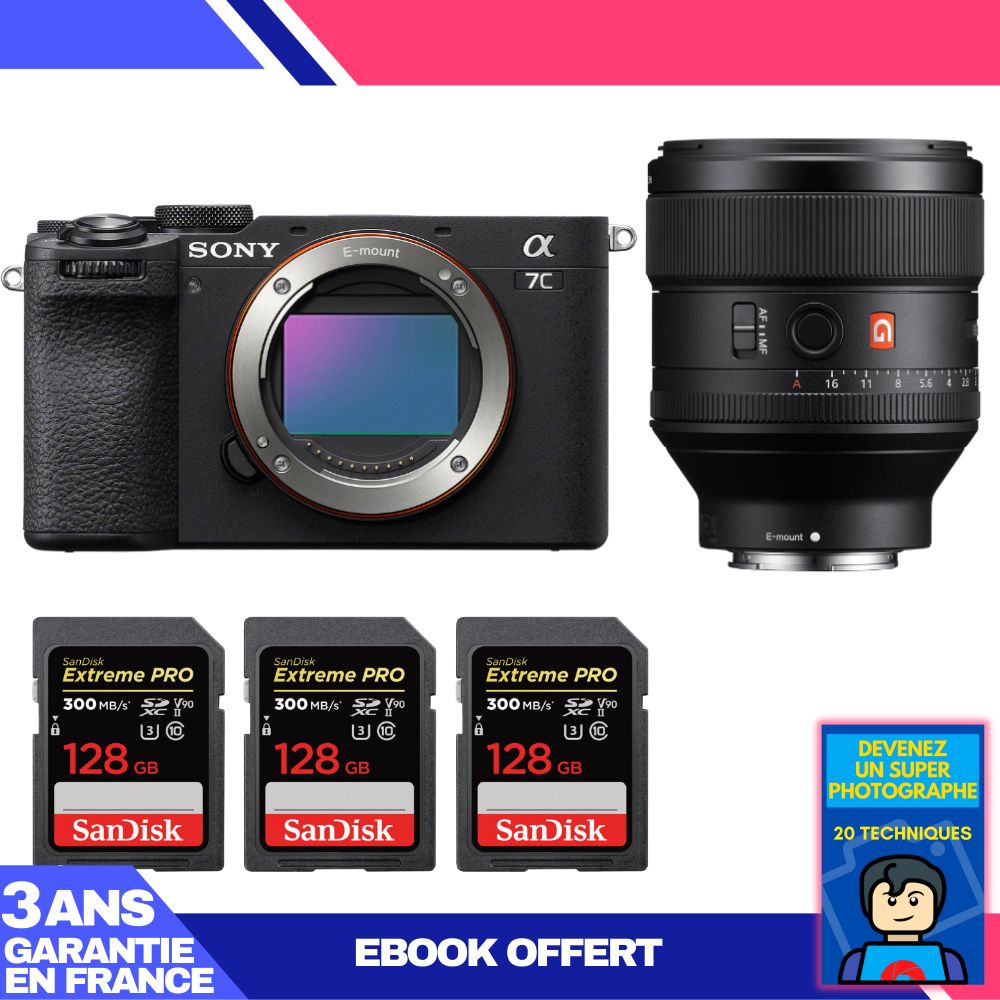 Sony A7C II Black Body + FE 85mm f/1.4 GM Lens + 3 SanDisk 128GB Extreme PRO UHS-II SDXC Cards + 'Become a Super Photographer' Ebook