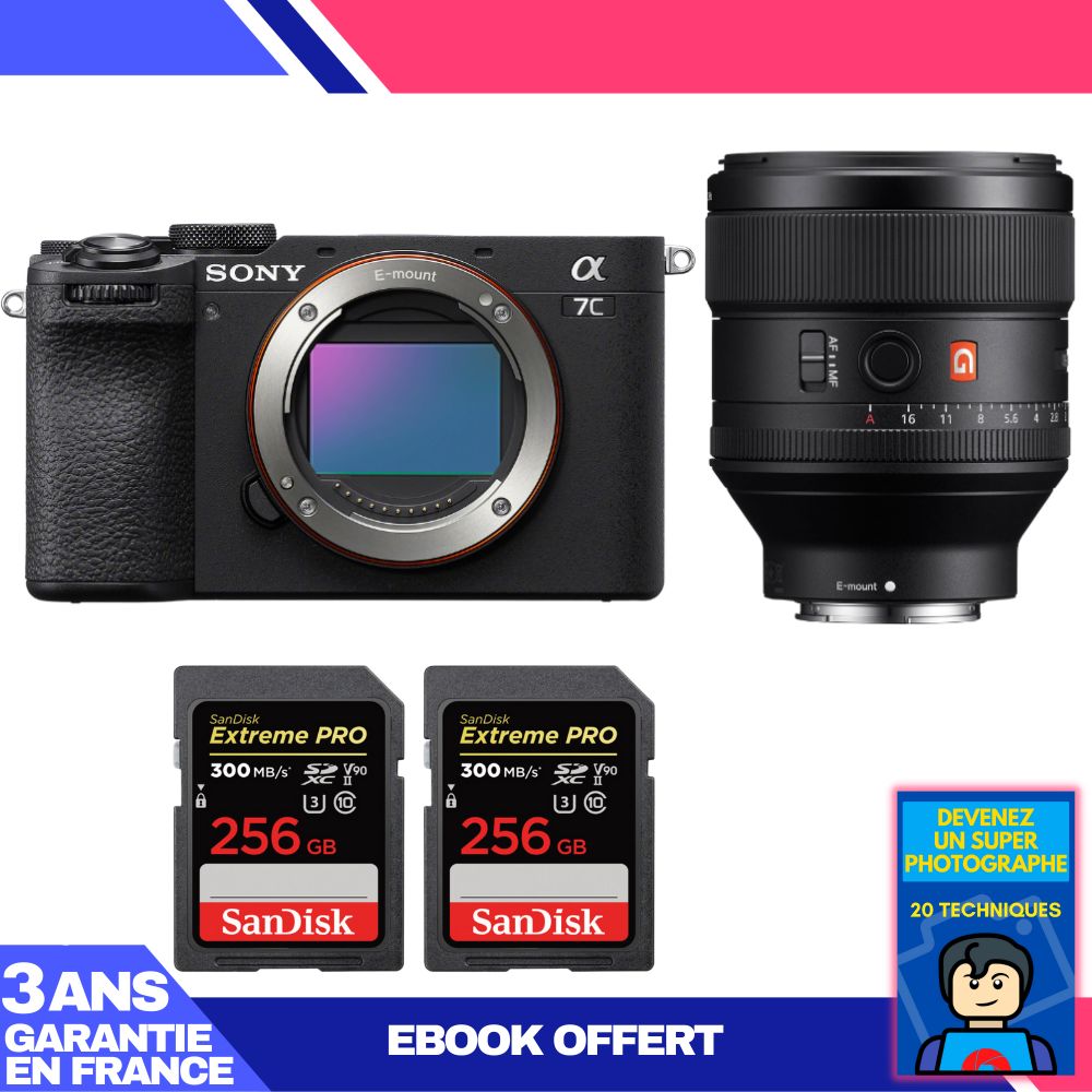 Sony A7C II Black Body + FE 85mm f/1.4 GM Lens + 2x SanDisk 256GB Extreme PRO UHS-II SDXC Cards + 'Become a Super Photographer' Ebook