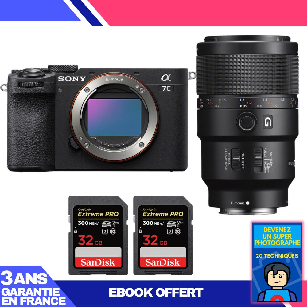 Sony A7C II Black Body + FE 90mm f/2.8 Macro G OSS Lens + 2x SanDisk 32GB Extreme PRO UHS-II SDXC Memory Cards