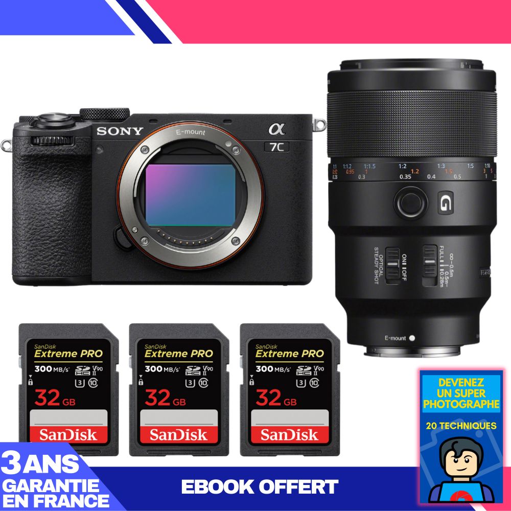 Sony A7C II Black Body + FE 90mm f/2.8 Macro G OSS Lens + 3 SanDisk 32GB Extreme PRO UHS-II SDXC Cards + 'Become a Super Photographer' Ebook