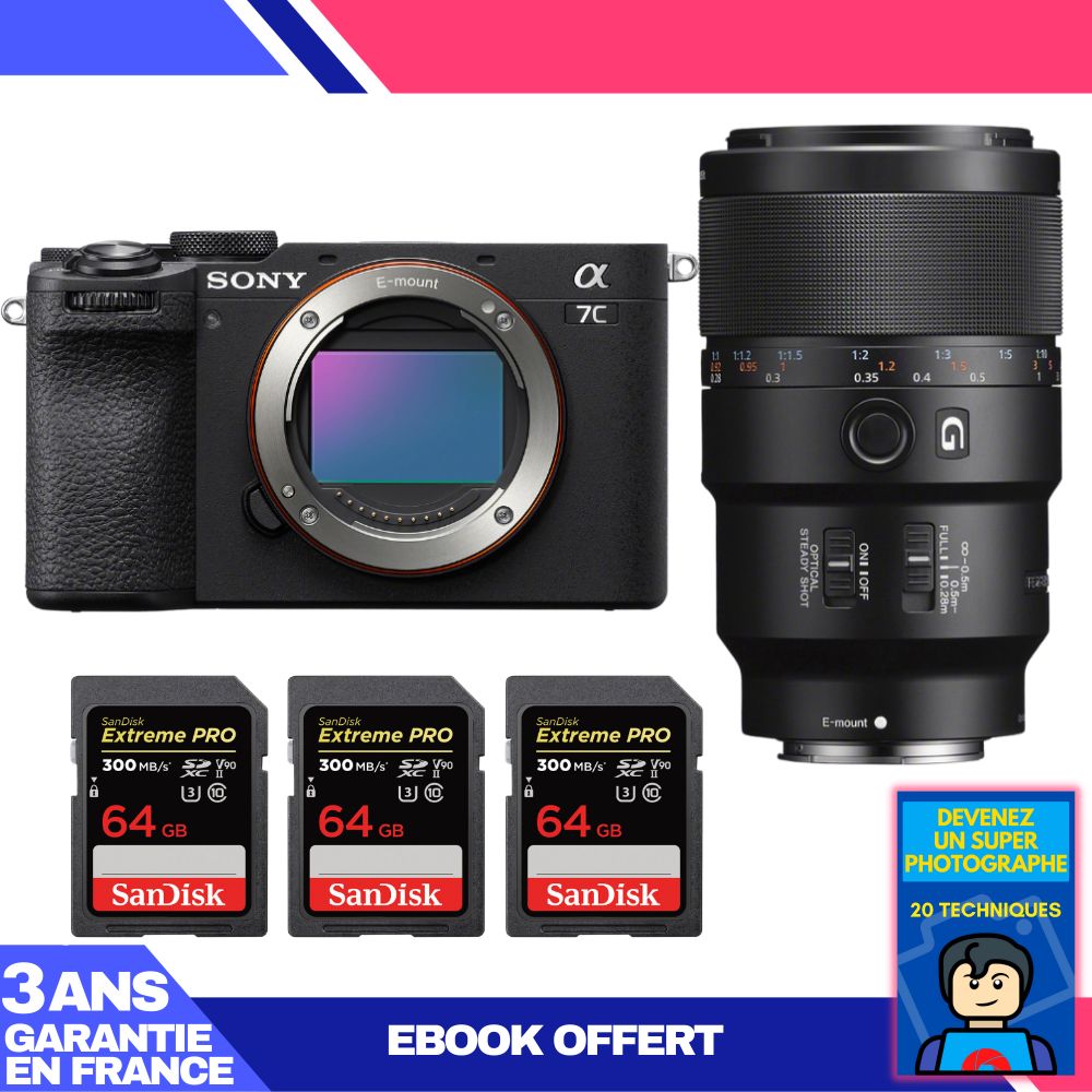 Sony A7C II Black Body + FE 90mm f/2.8 Macro G OSS Lens + 3 SanDisk 64GB Extreme PRO UHS-II SDXC Memory Cards + 'Become a Super Photographer' Ebook