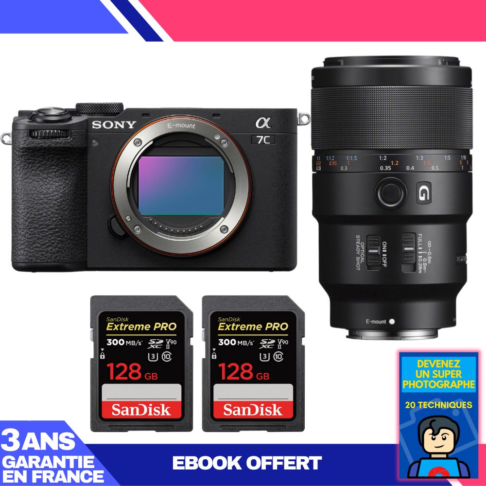 Sony A7C II Black Body + FE 90mm f/2.8 Macro G OSS Lens + 2x SanDisk 128GB Extreme PRO UHS-II SDXC Cards
