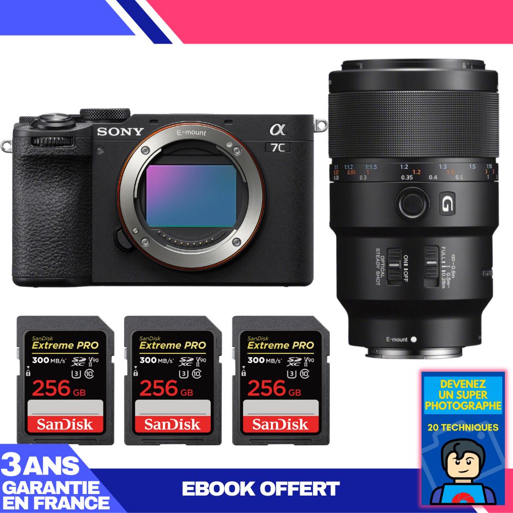 Sony A7C II Black Kit with FE 90mm f/2.8 Macro G OSS Lens + 3x SanDisk 256GB Extreme PRO UHS-II SDXC Cards