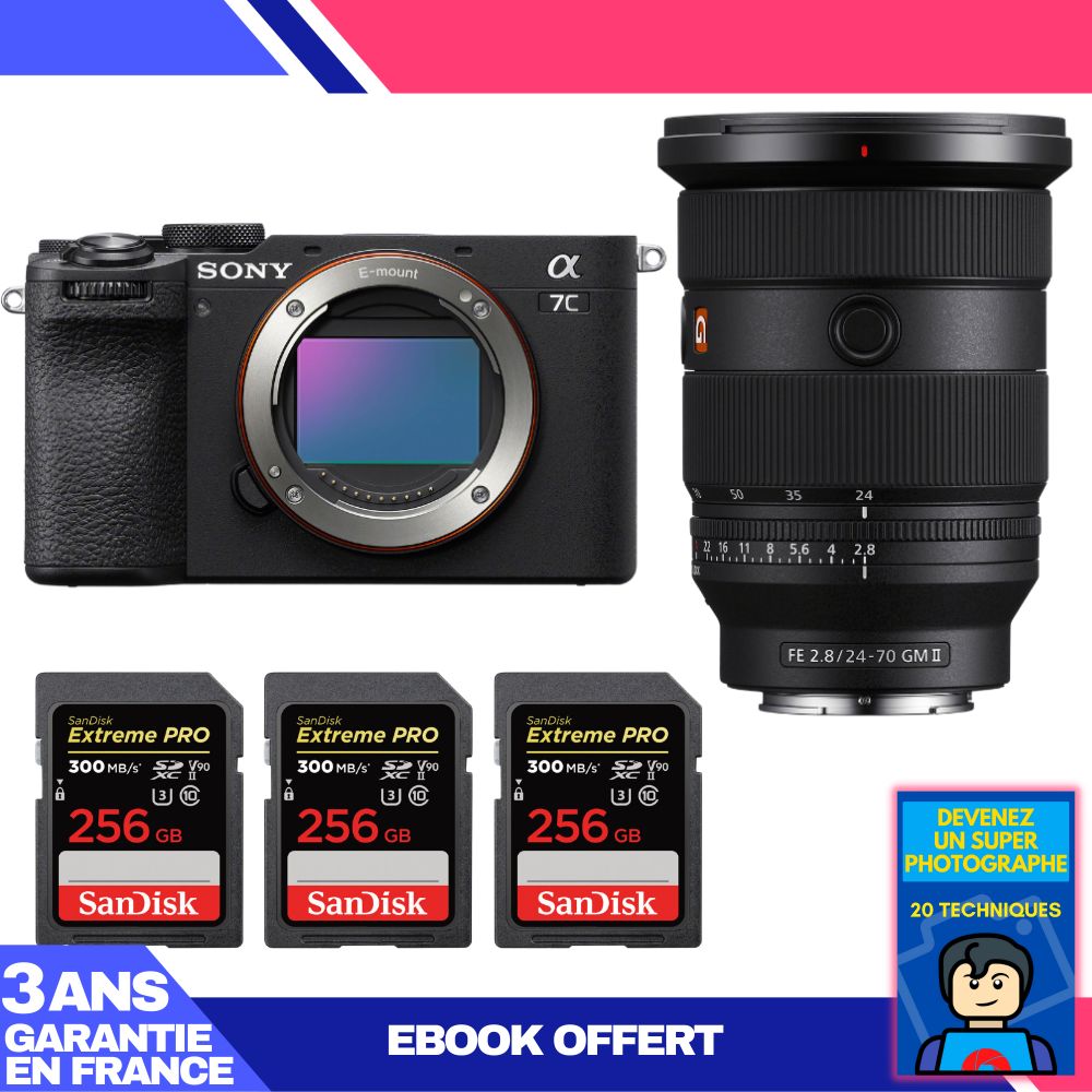 Kit Sony A7C II Noir avec objectif FE 24-70mm f/2.8 GM II et 3 cartes SDXC SanDisk 256 Go Extreme PRO UHS-II 300 Mo/s