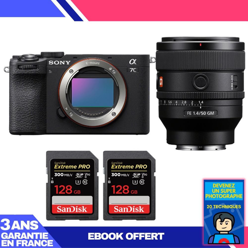 Sony A7C II Black Body + FE 50mm f/1.4 GM Lens + 2 SanDisk 128GB Extreme PRO UHS-II SDXC Memory Cards + 'Become a Super Photographer' Ebook