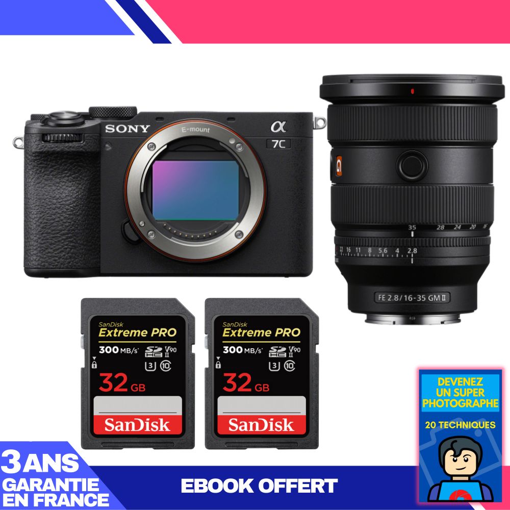 Sony A7C II Black Camera Kit with FE 16-35mm f/2.8 GM II Lens + 2 SanDisk 32GB Extreme PRO SD Cards