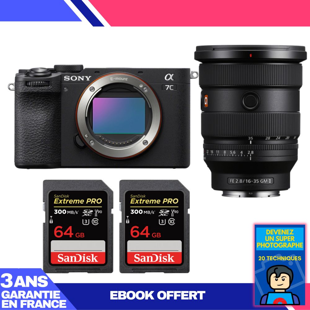Sony A7C II Black Kit with FE 16-35mm f/2.8 GM II Lens + 2x SanDisk 64GB Extreme PRO UHS-II SDXC Cards