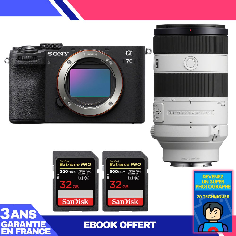 Sony A7C II Black Body + FE 70-200mm f/4 Macro G OSS II Lens + 2 SanDisk 32GB Extreme PRO UHS-II SDXC Cards + 'Become a Super Photographer' Ebook
