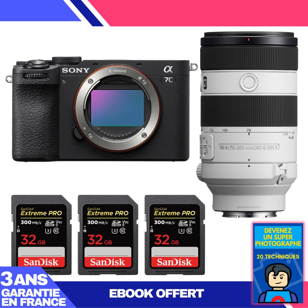Sony A7C II Black Camera Kit with FE 70-200mm f/4 Macro G OSS II Lens and SanDisk Cards