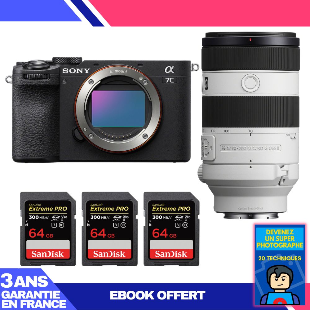 Sony A7C II Black Body + FE 70-200mm f/4 Macro G OSS II Lens + 3 SanDisk 64GB Extreme PRO UHS-II SDXC Cards