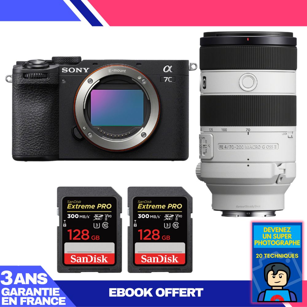 Sony A7C II Black Body + FE 70-200mm f/4 Macro G OSS II Lens + 2x 128GB SanDisk Extreme PRO UHS-II SDXC Cards + 'Become a Super Photographer' Ebook