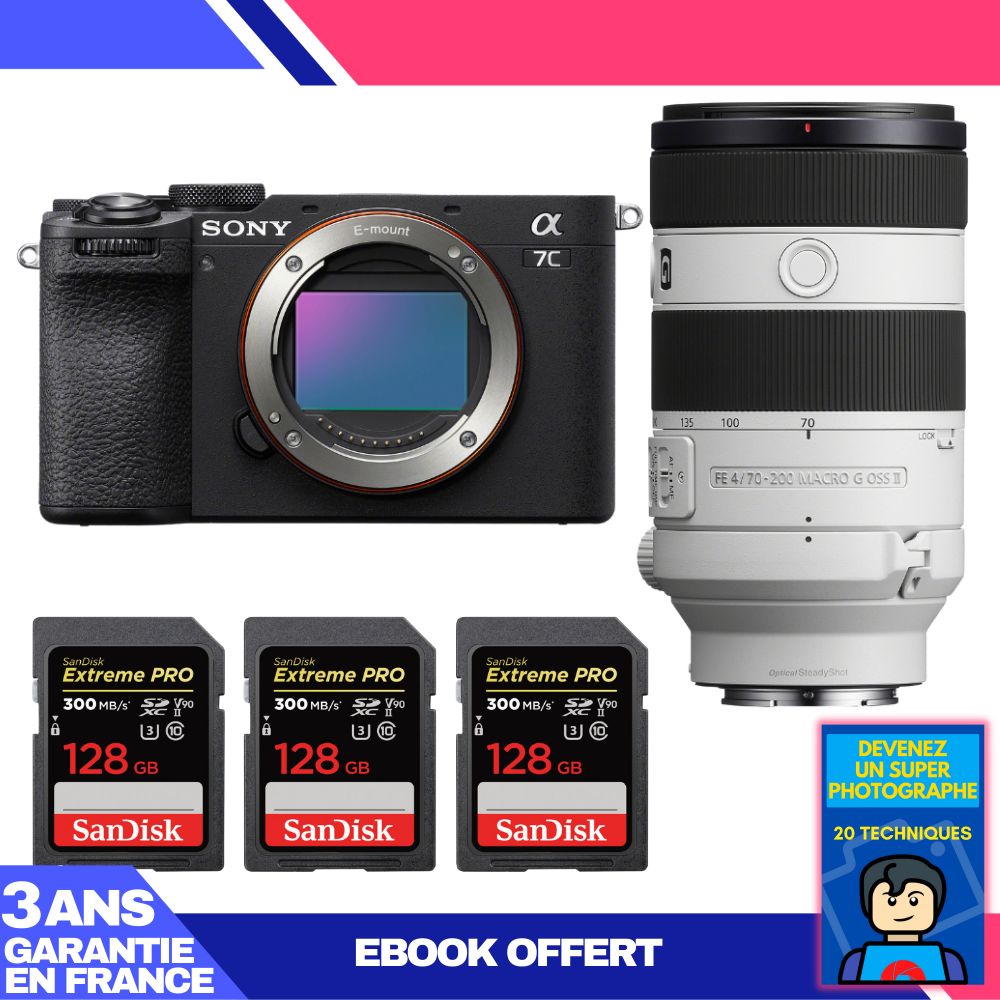 Sony A7C II Black Body + FE 70-200mm f/4 Macro G OSS II Lens + 3 SanDisk 128GB Extreme PRO UHS-II SDXC Cards + 'Become a Super Photographer' Ebook