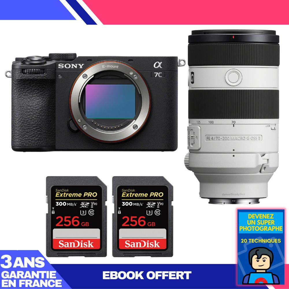 Sony A7C II Black + FE 70-200mm f/4 Macro G OSS II Lens + 2x SanDisk 256GB Extreme PRO UHS-II SDXC Memory Cards + 'Become a Super Photographer' Ebook