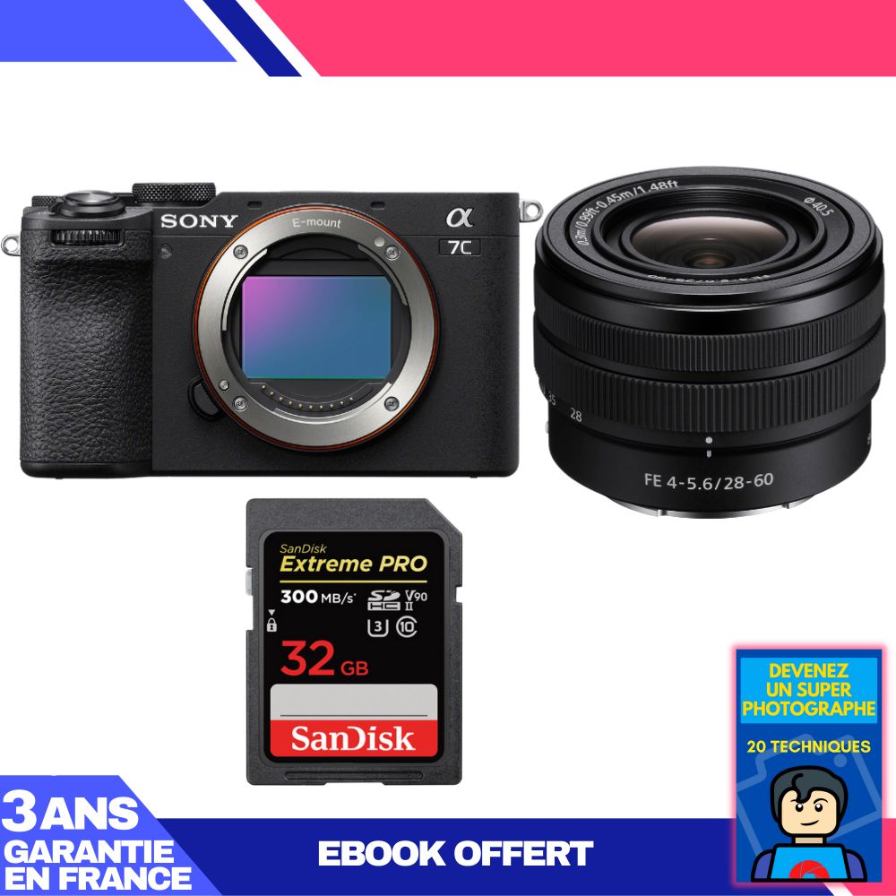 Sony A7C II Black Body + FE 28-60mm f/4-5.6 Lens + 1x SanDisk 32GB Extreme PRO UHS-II SDXC Card 300MB/s + Ebook 'Become a Super Photographer'