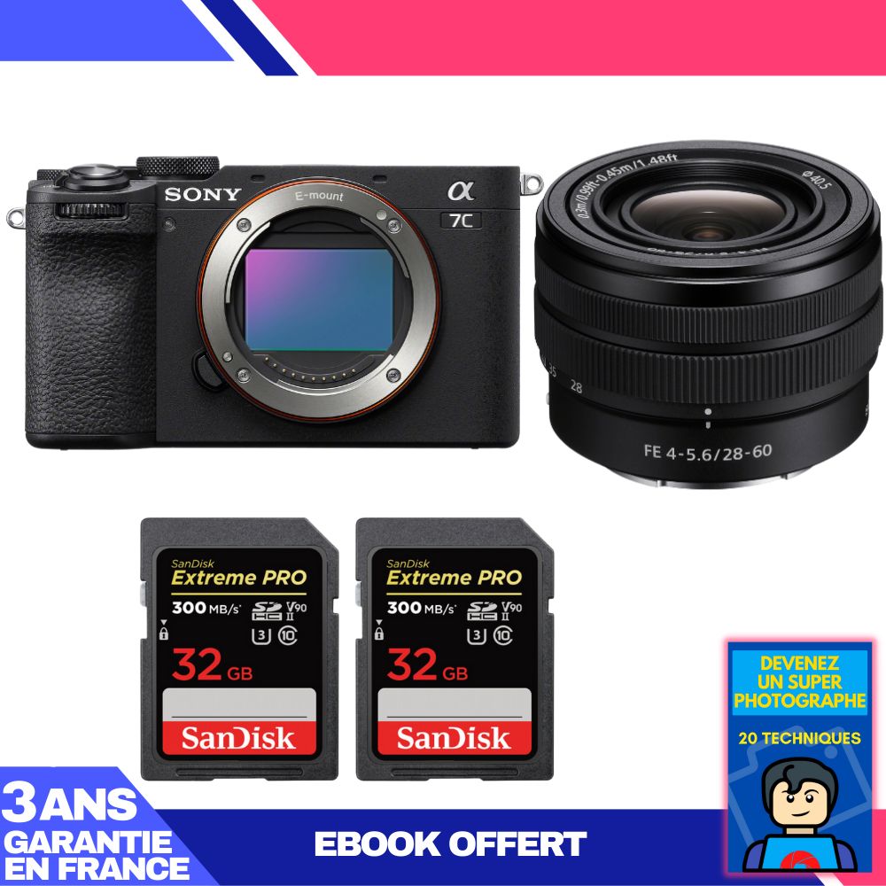 Sony A7C II Black Kit with FE 28-60mm f/4-5.6 Lens + 2 SanDisk 32GB Extreme PRO UHS-II SDXC Cards