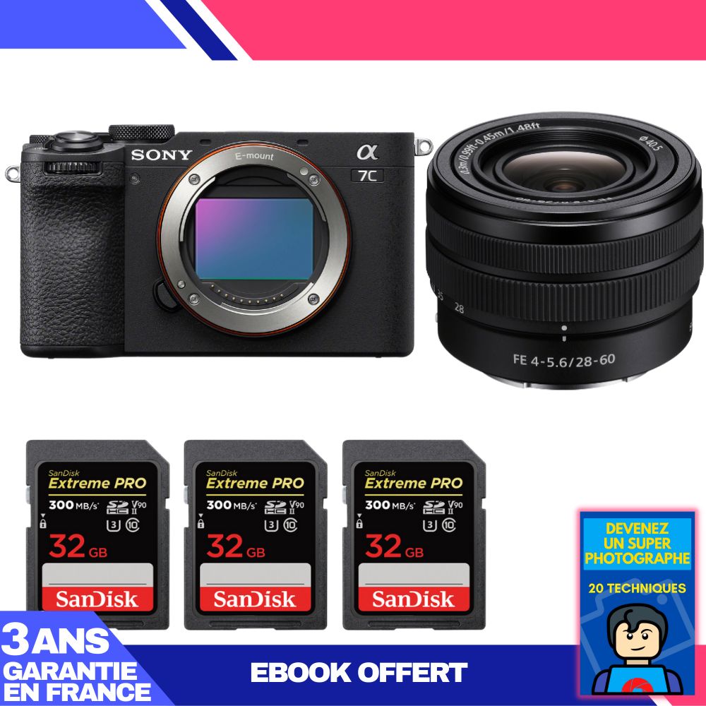 Sony A7C II Black Body + FE 28-60mm f/4-5.6 Lens + 3 SanDisk 32GB Extreme PRO UHS-II SDXC Cards