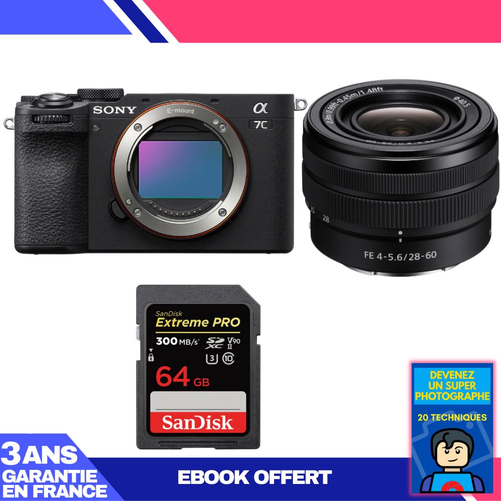 Sony A7C II Black Kit with FE 28-60mm f/4-5.6 and 1x 64GB SanDisk Extreme PRO UHS-II SDXC Card