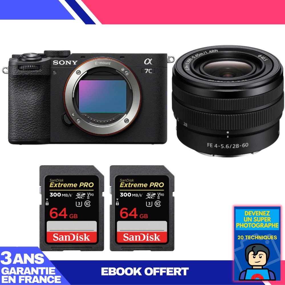 Sony A7C II Black Body + FE 28-60mm f/4-5.6 Lens + 2x 64GB SanDisk Extreme PRO UHS-II SDXC Cards + 'Become a Super Photographer' Ebook