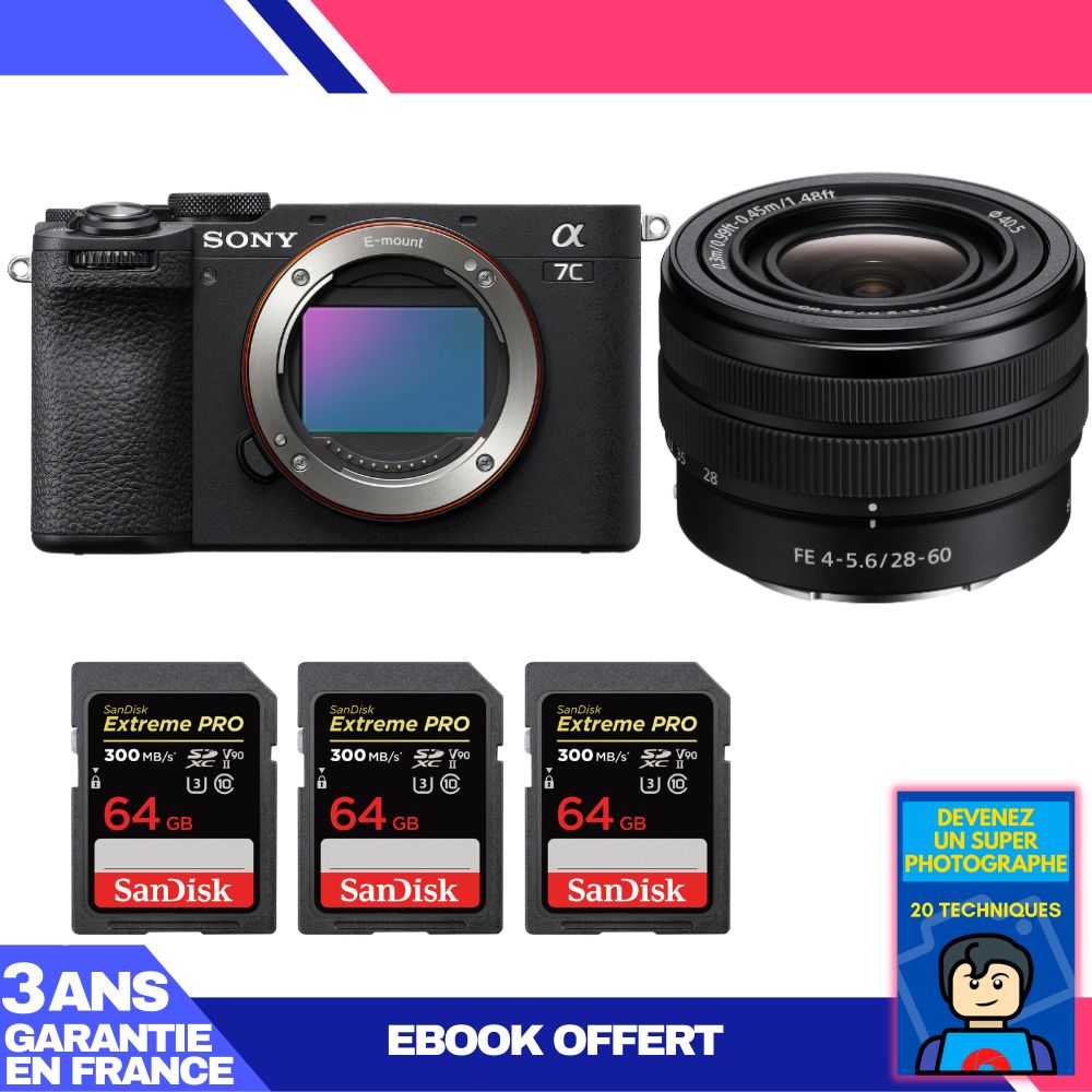 Sony A7C II Black Camera Kit with FE 28-60mm f/4-5.6 Lens + 3x 64GB SanDisk Extreme PRO UHS-II SDXC Memory Cards + 'Become a Super Photographer' Ebook