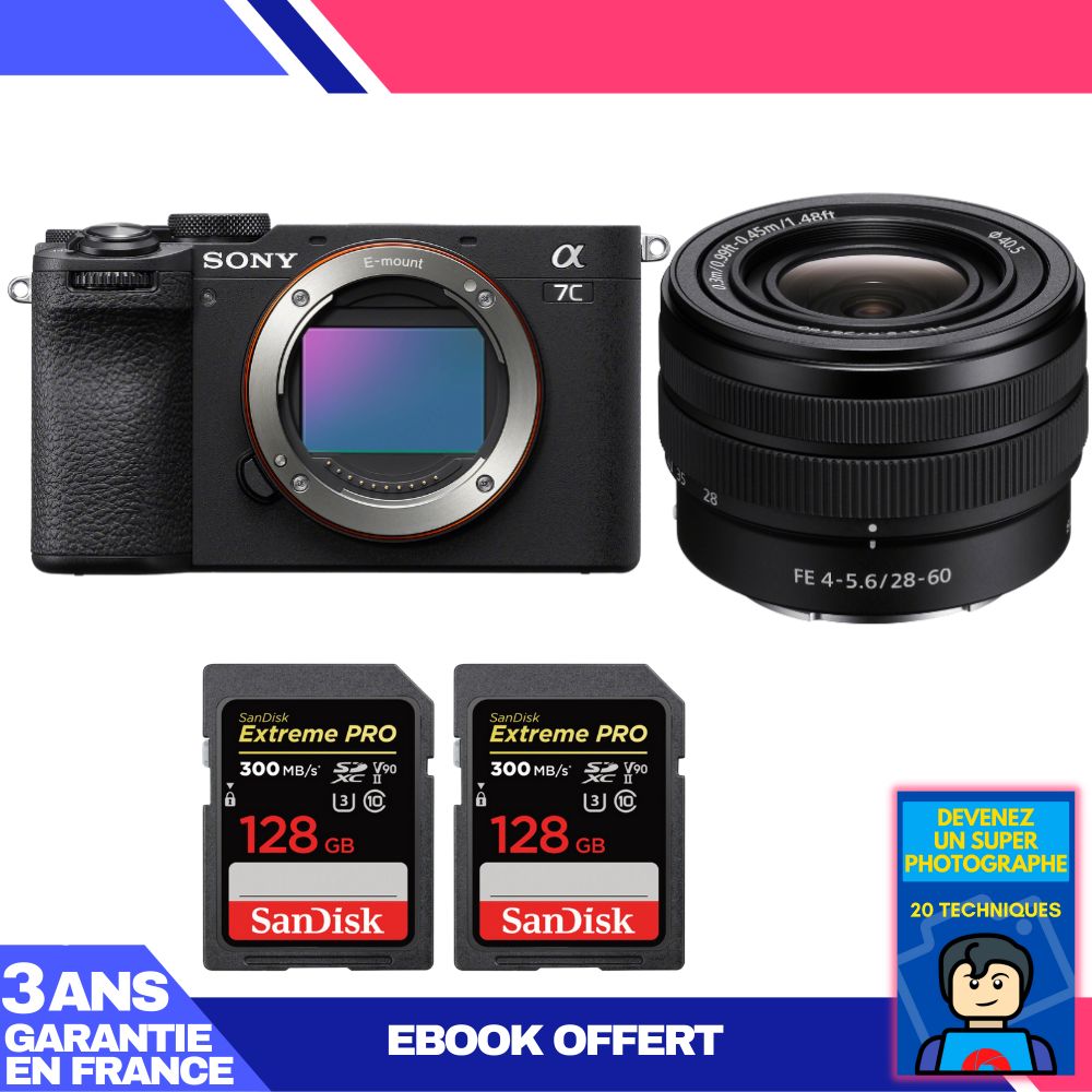 Sony A7C II Black Body + FE 28-60mm f/4-5.6 Lens + 2 SanDisk 128GB Extreme PRO UHS-II SDXC Cards + 'Become a Super Photographer' Ebook