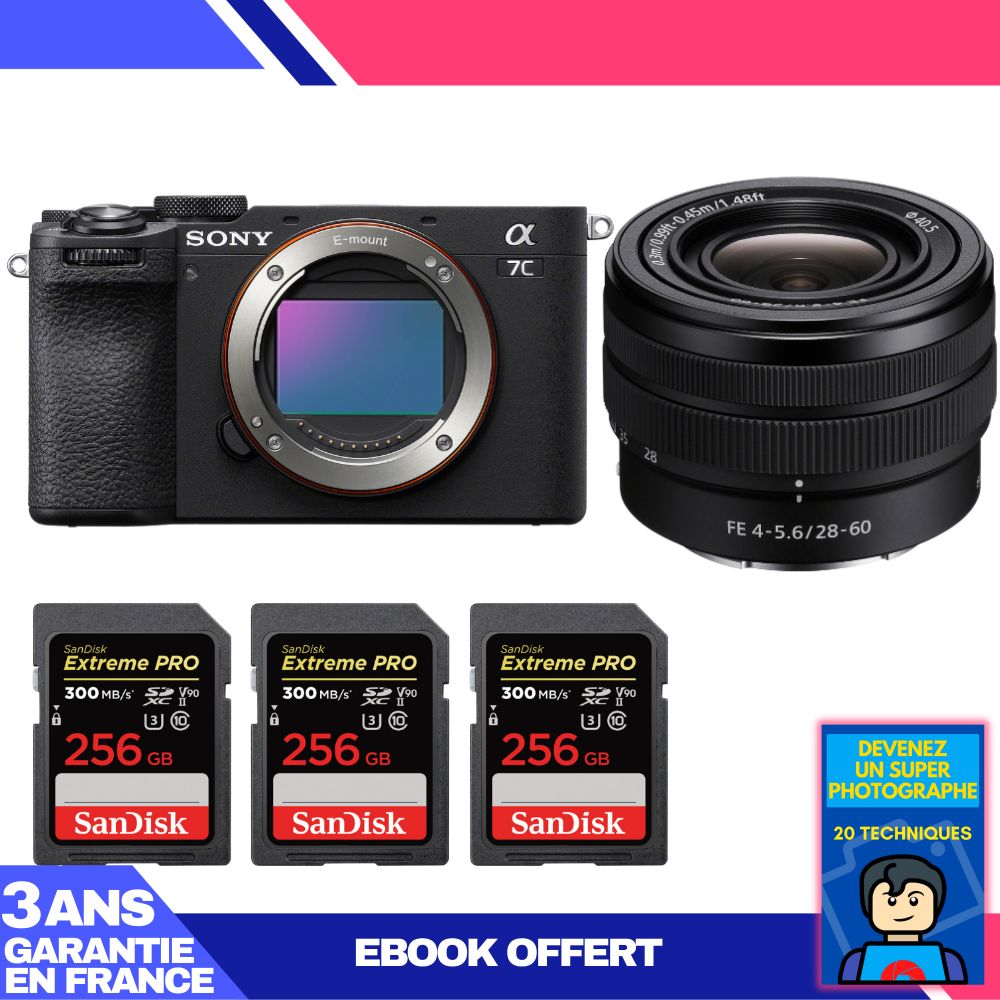 Sony A7C II Black Kit with FE 28-60mm f/4-5.6 and 3 SanDisk 256GB Extreme PRO UHS-II SDXC Cards