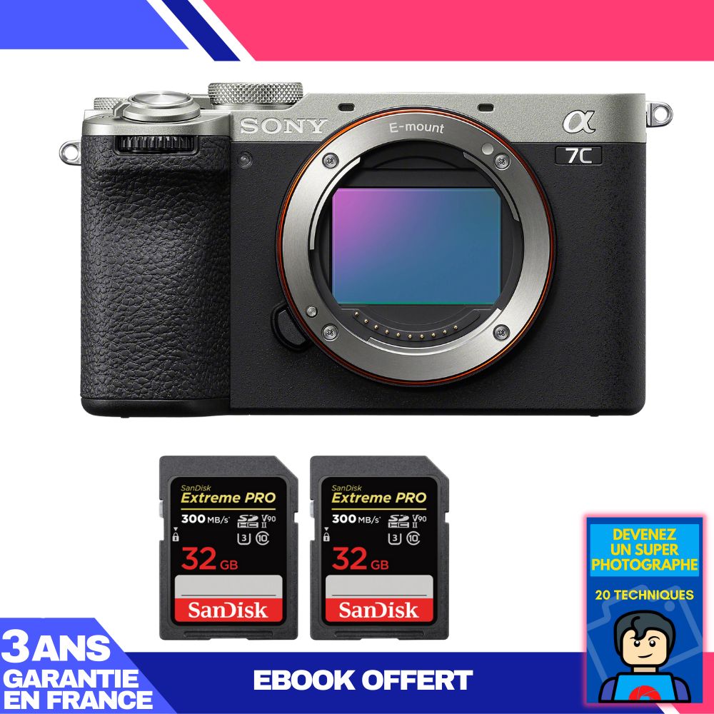 Sony A7C II Silver Camera + 2 SanDisk 32GB Extreme PRO UHS-II SDXC Cards