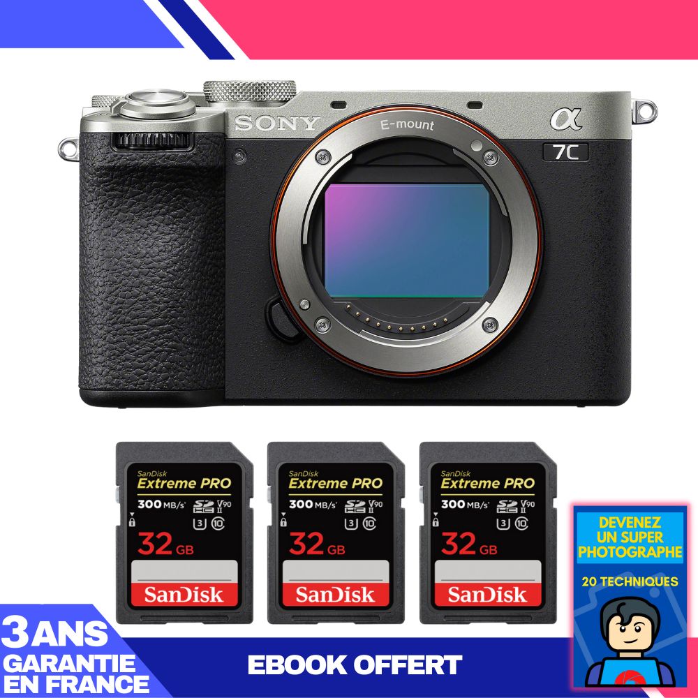 Sony A7C II Silver Camera + 3 SanDisk 32GB Extreme PRO UHS-II SDXC Cards + 'Become a Super Photographer' Ebook