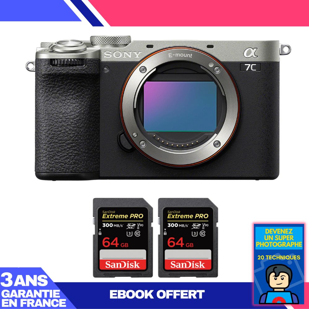 Sony A7C II Silver Camera + 2 SanDisk 64GB Extreme PRO SD Cards + Ebook
