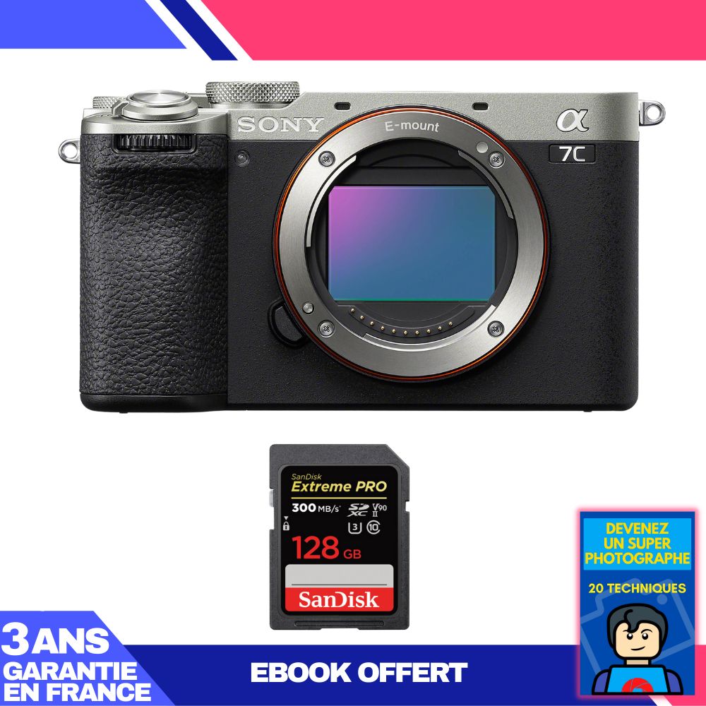 Sony A7C II Silver Camera + 128GB SanDisk Extreme PRO SD Card + Ebook: Become a Super Photographer