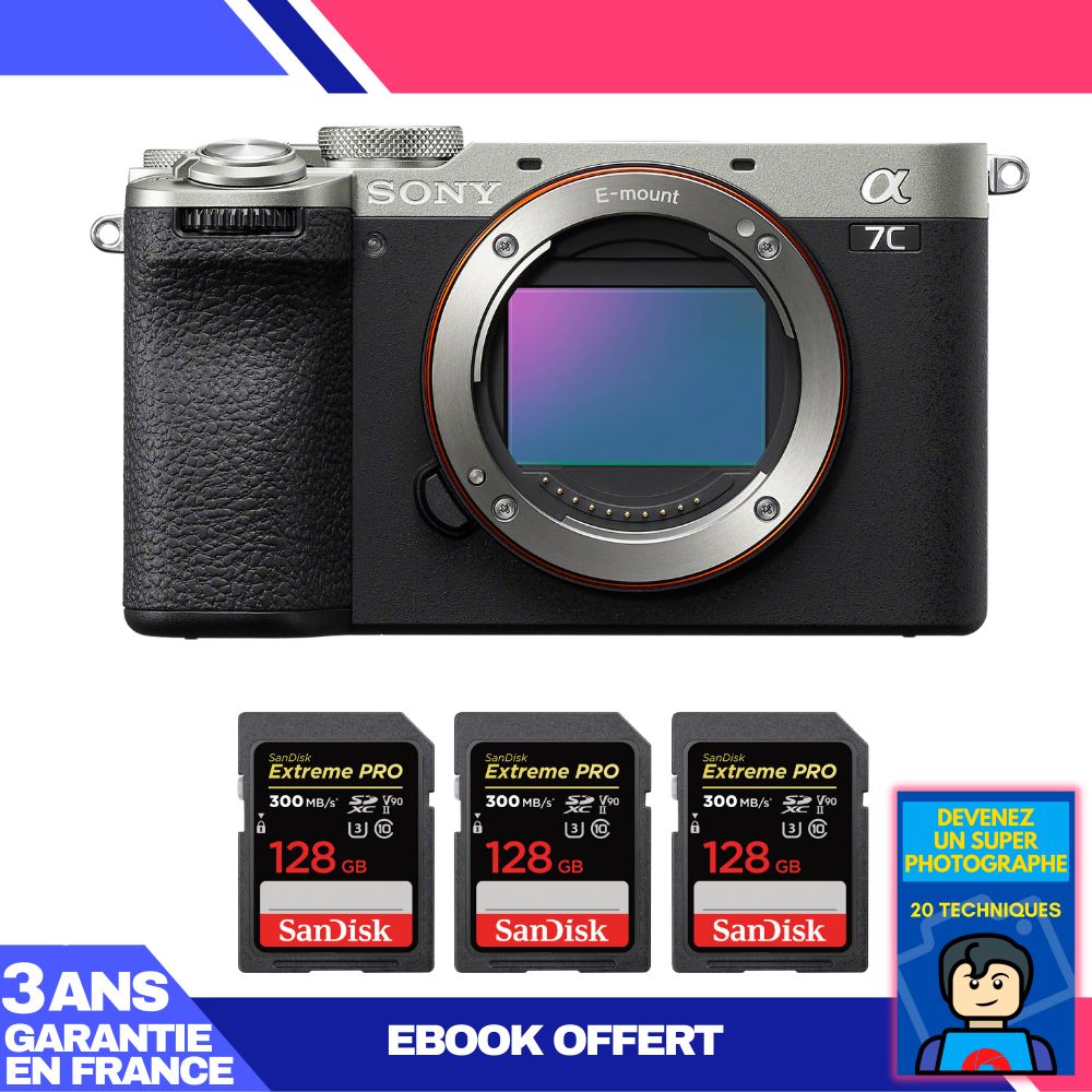 Sony A7C II Silver Camera + 3 SanDisk 128GB Extreme PRO SD Cards + Ebook: Become a Super Photographer