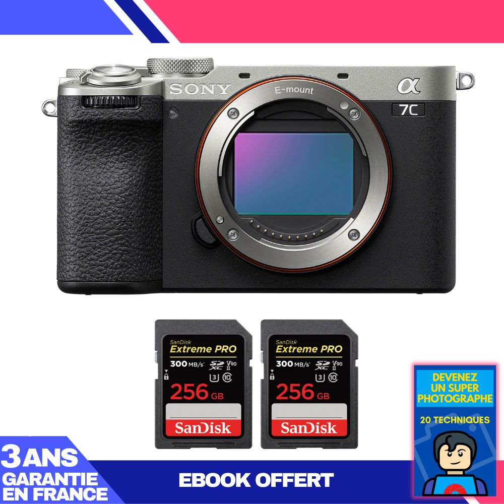 Sony A7C II Silver Camera + 2x 256GB SanDisk Extreme PRO UHS-II SDXC Cards + 'Become a Super Photographer' Ebook