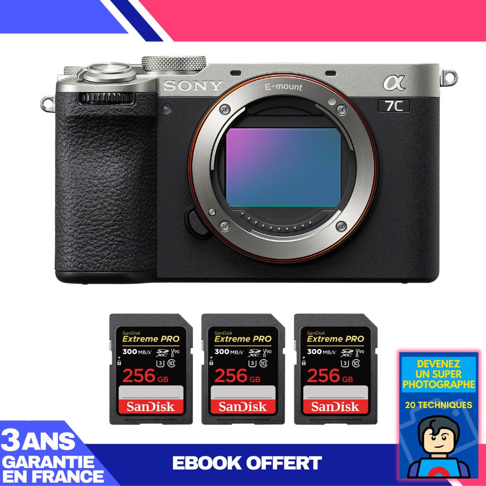 Sony A7C II Silver Camera + 3 SanDisk 256GB Extreme PRO SD Cards + Ebook: Become a Super Photographer