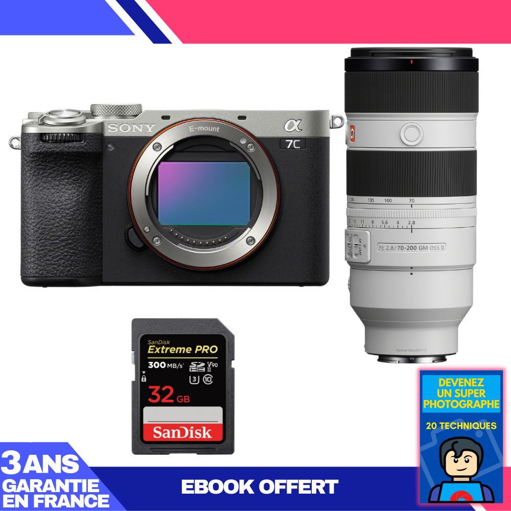 Sony A7C II Silver Kit with FE 70-200mm f/2.8 GM OSS II and SanDisk 32GB Extreme PRO SD Card
