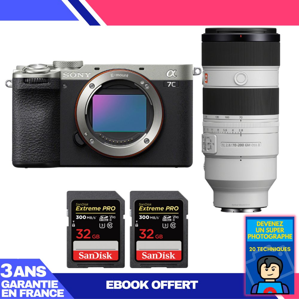 Sony A7C II Silver Camera Kit with FE 70-200mm f/2.8 GM OSS II Lens + 2x 32GB SanDisk Extreme PRO SDXC Cards