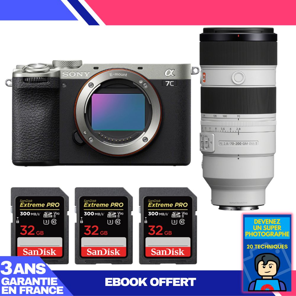 Sony A7C II Silver Kit with FE 70-200mm f/2.8 GM OSS II and 3x 32GB SanDisk Extreme PRO UHS-II SDXC