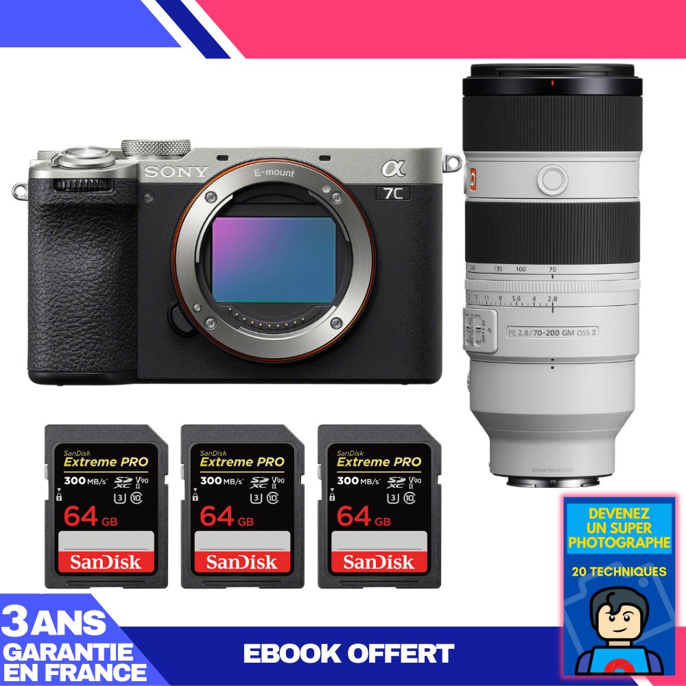 Sony A7C II Silver Kit with FE 70-200mm f/2.8 GM OSS II and 3x SanDisk 64GB Extreme PRO UHS-II SDXC Cards
